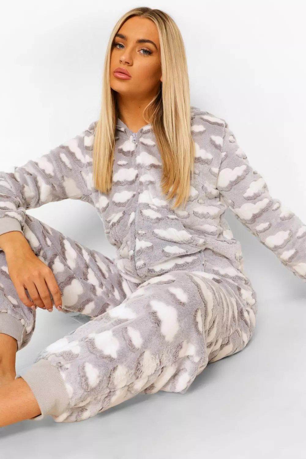 Grey Cloud Print Luxury Fleece Onesie alternative image