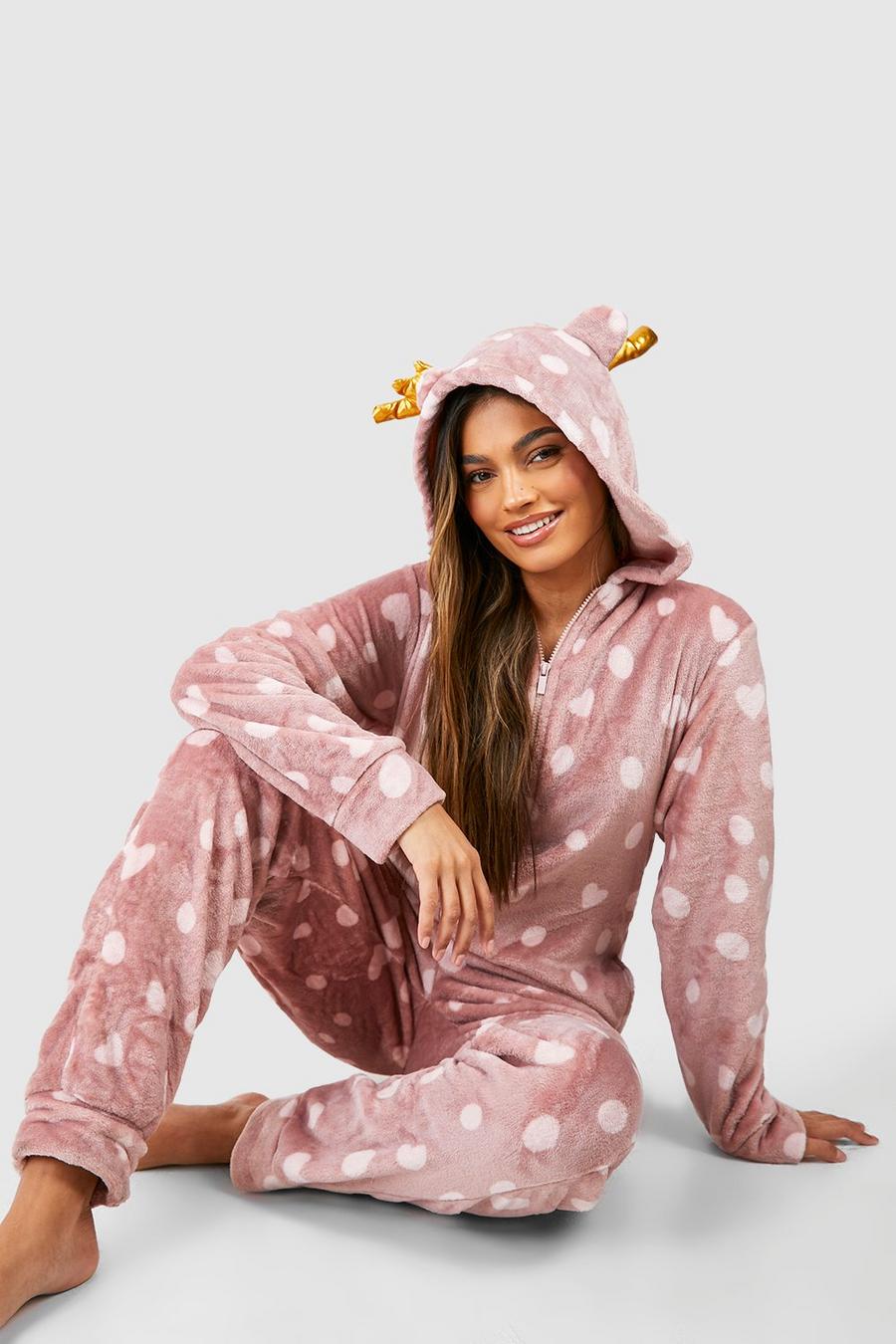 Womens Hooded Pyjamas Super Soft Fleece Plush Hooded Ladies PJs