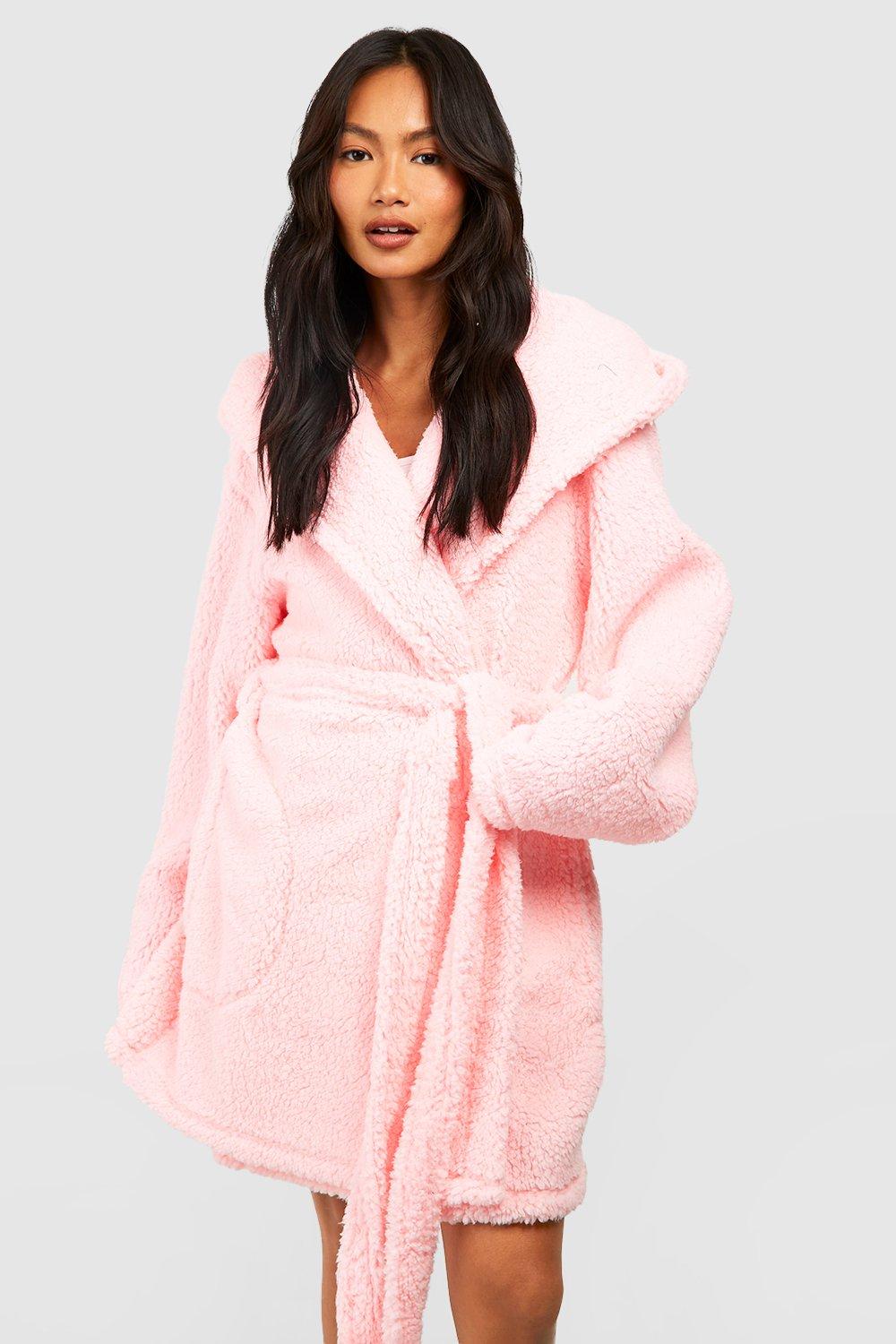 Pink fluffy dressing gown best sale with hood