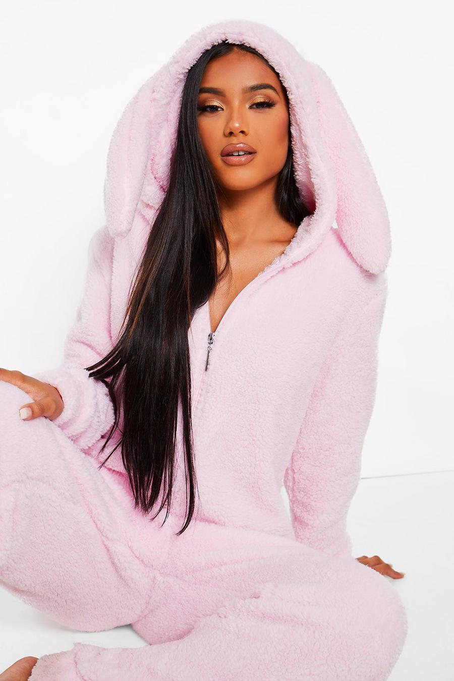 Women Cute Ear Hooded Sleepwear, Womens Warm Fleece Onesie Pajamas