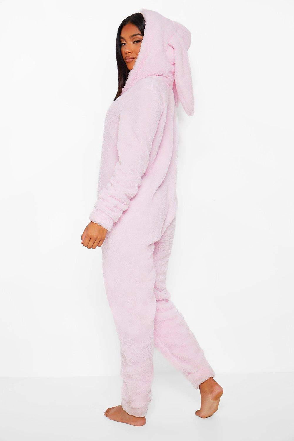 Women Cute Ear Hooded Sleepwear, Womens Warm Fleece Onesie Pajamas