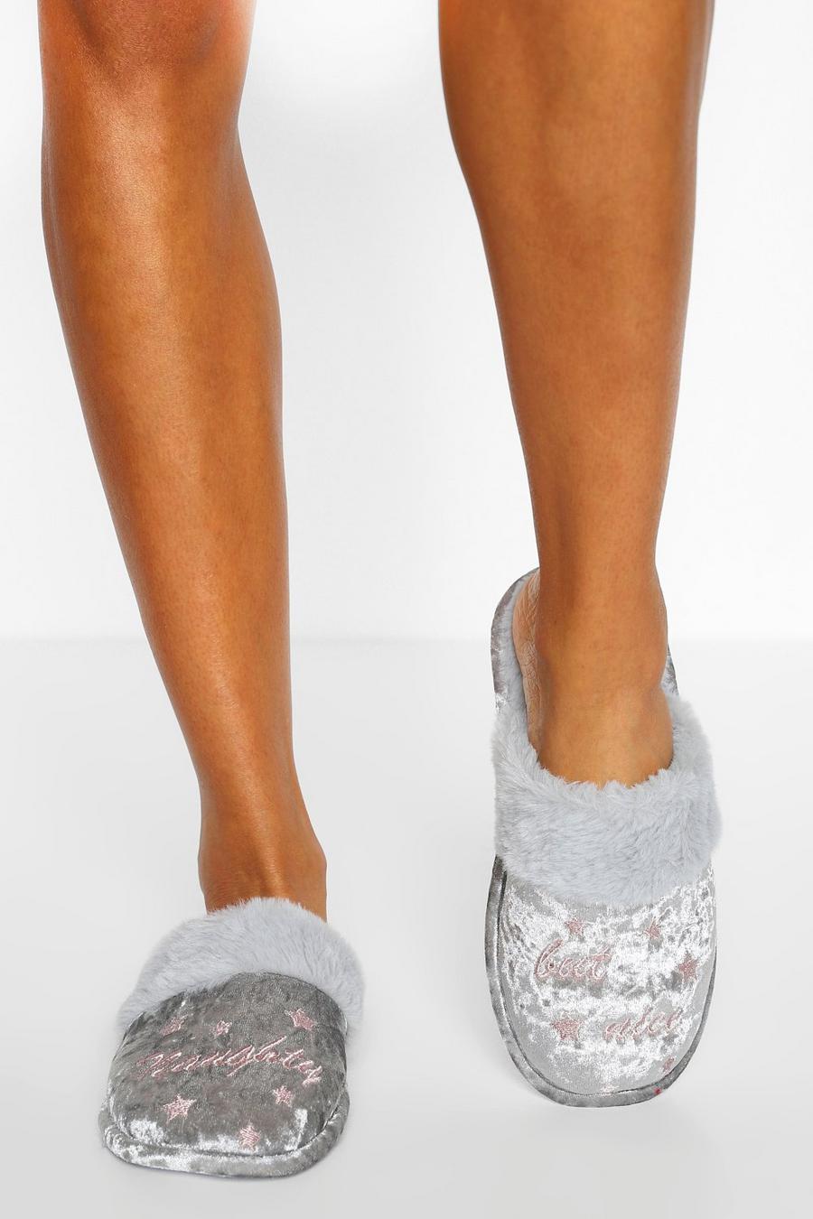 Grey Naughty But Nice Crushed Velvet Slippers image number 1