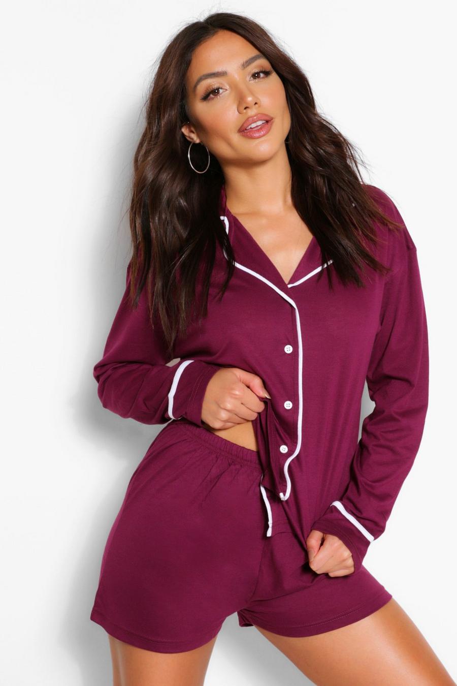 Plum lila Pyjamasset i jersey med shorts och knappar image number 1