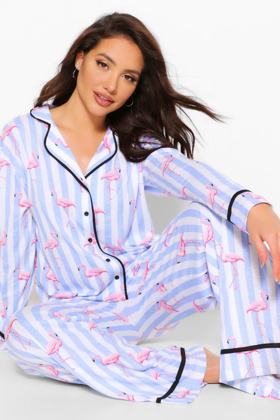 Randig pyjamas i jersey med flamingos och långbyxor image number 1