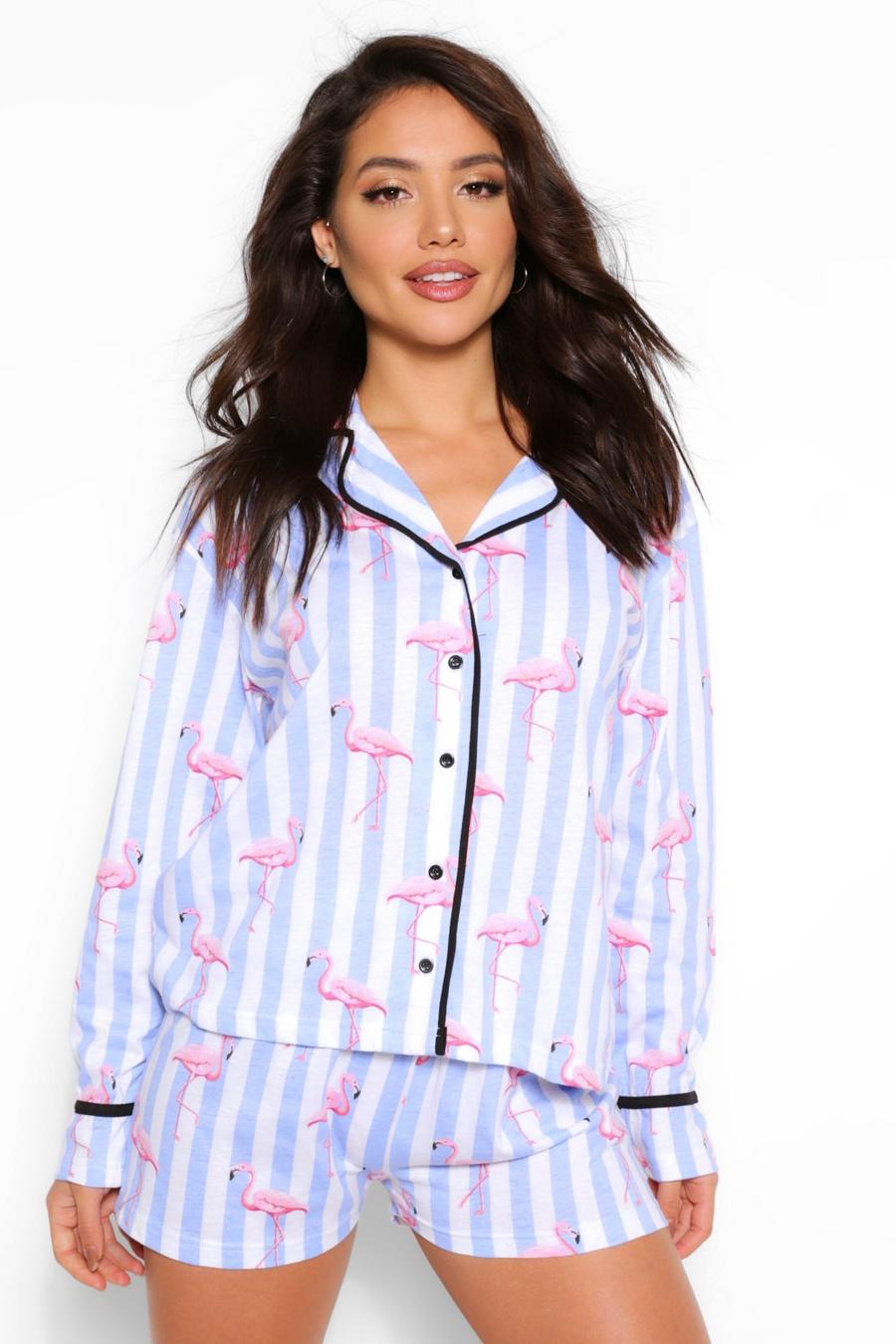 Pyjama-Shortset mit Flamingo-Print in bonbonfarbenen Streifen, Blau image number 1