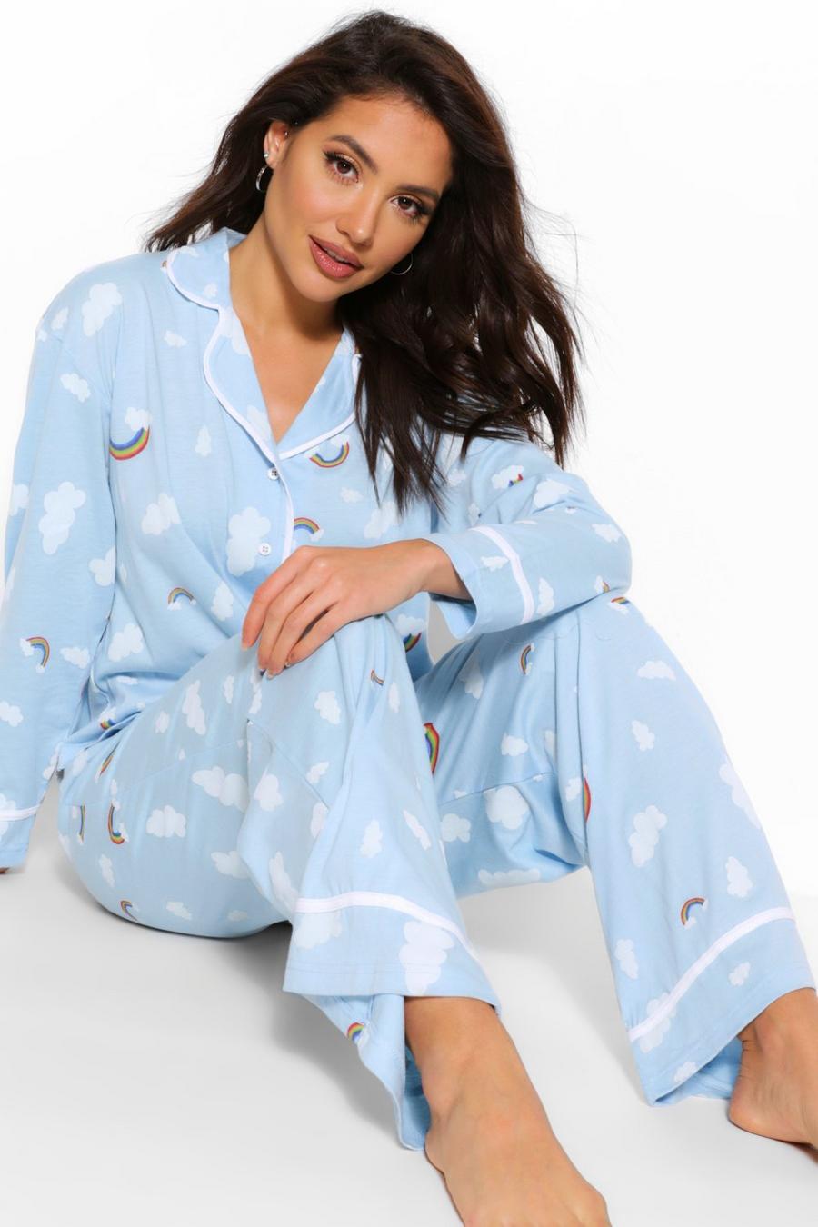 Blue Pyjamas i jersey med moln och regnbågar image number 1