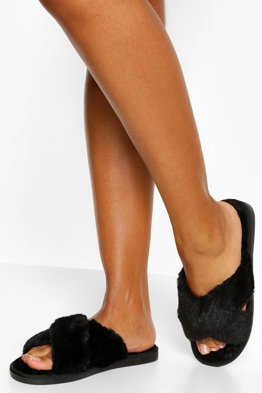 Black negro Fluffy Cross Front Slippers image number 1