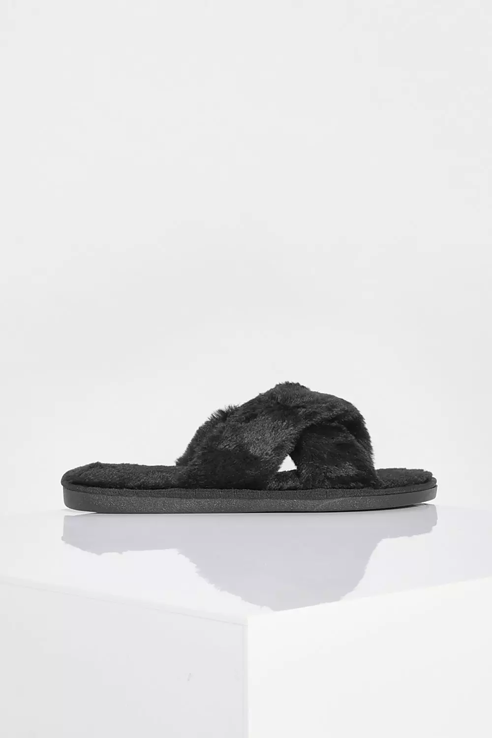 Black Fluffy Cross Front Slippers alternative image