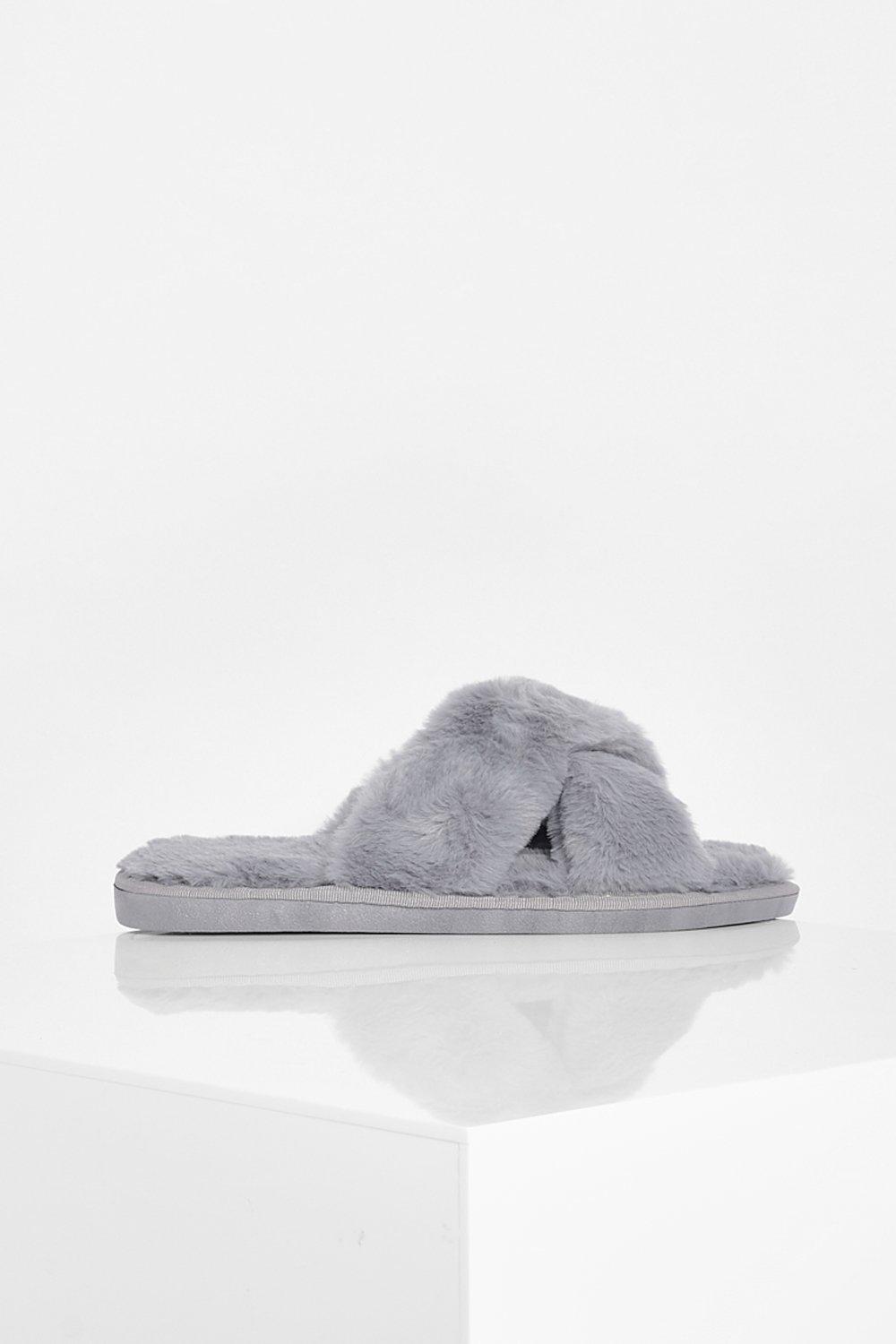 Elitaire Petite Cross Band Fluffy Slipper in Grey