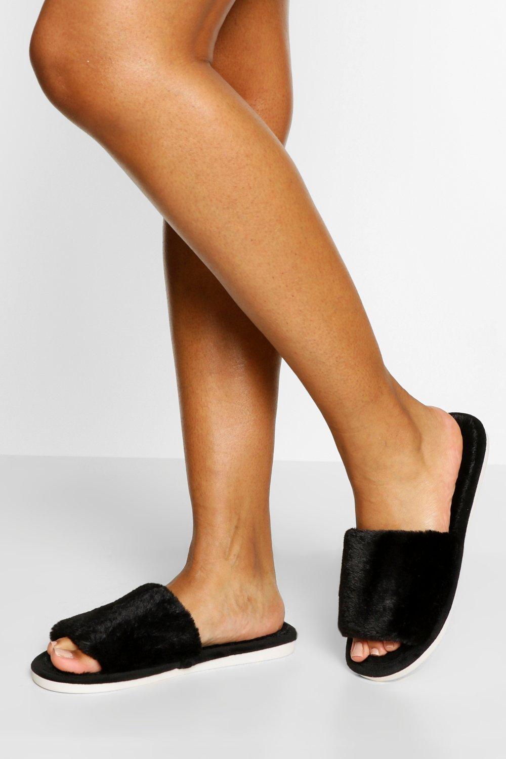 black fluffy slider slippers