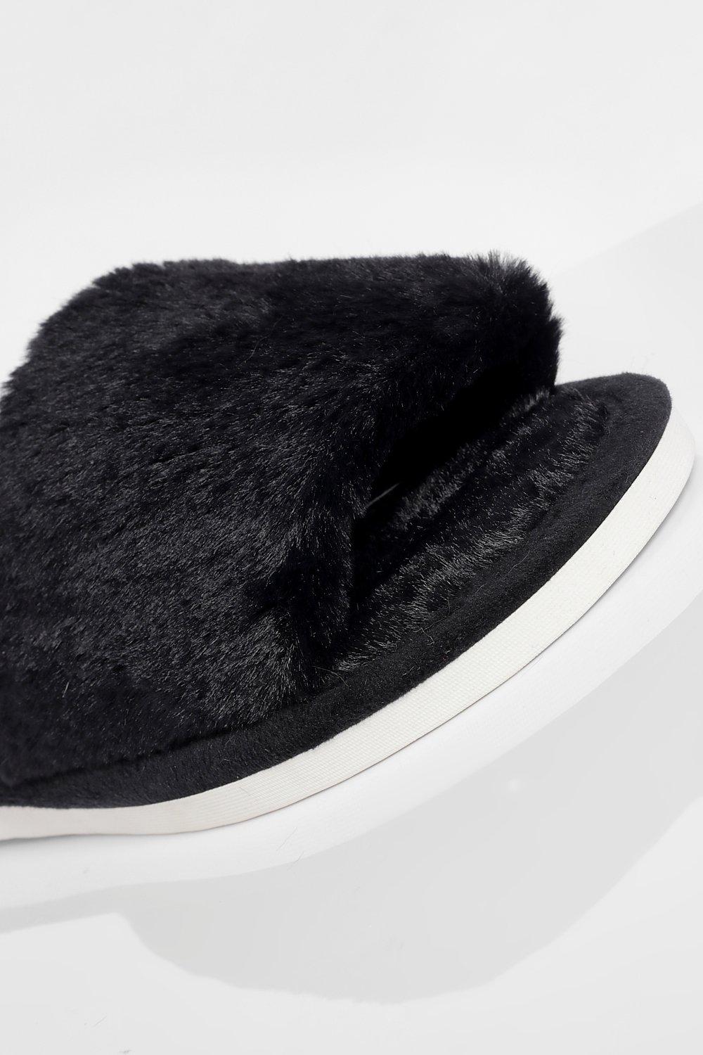 black fluffy slider slippers