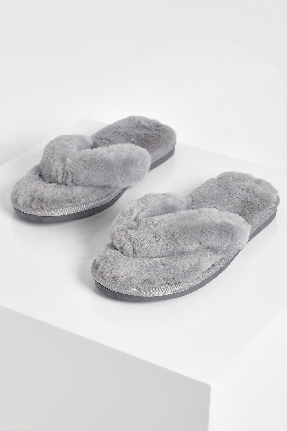 grey fluffy flip flop slippers