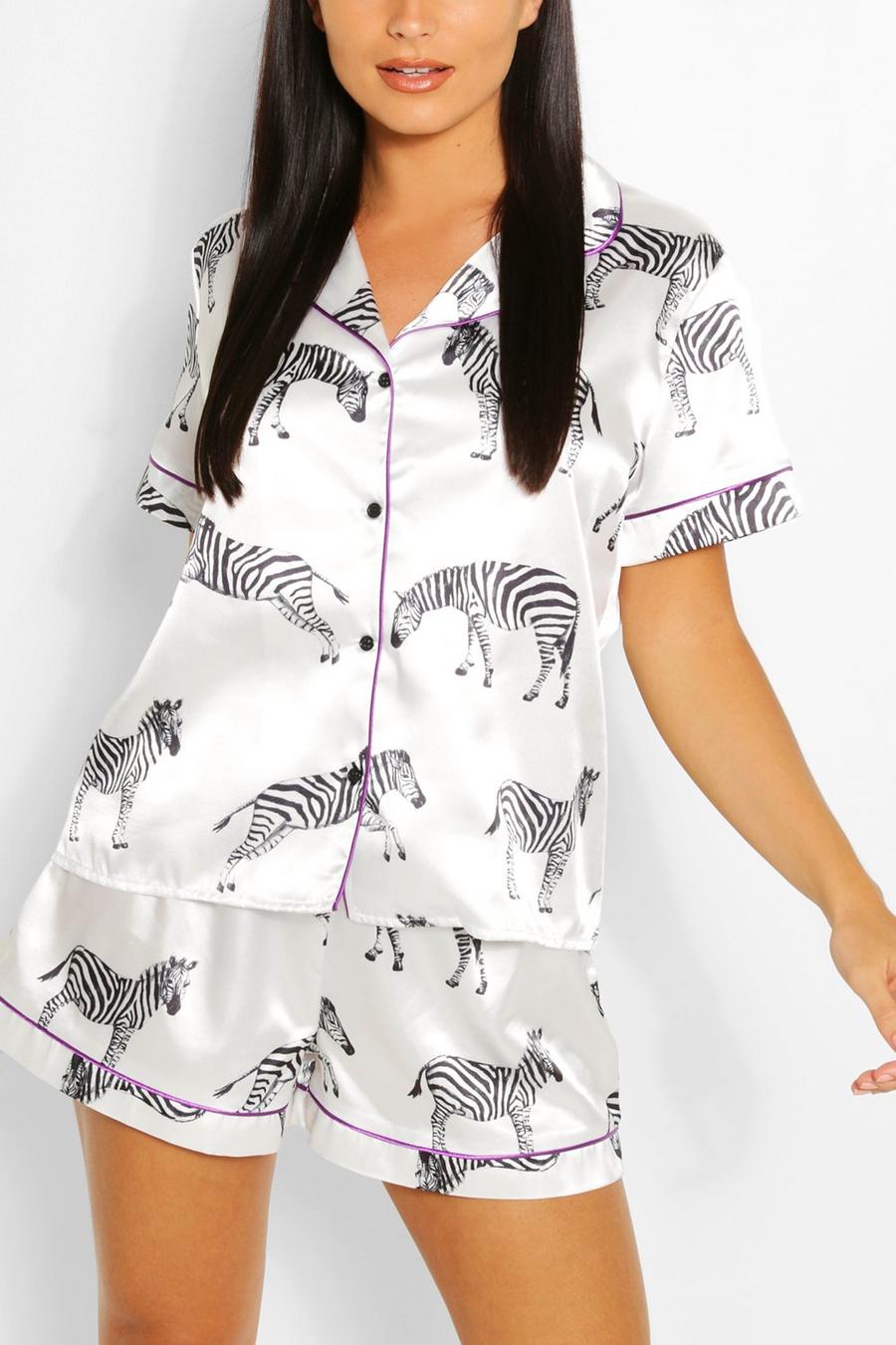Pijama de raso corto con estampado de cebra, Blanco image number 1