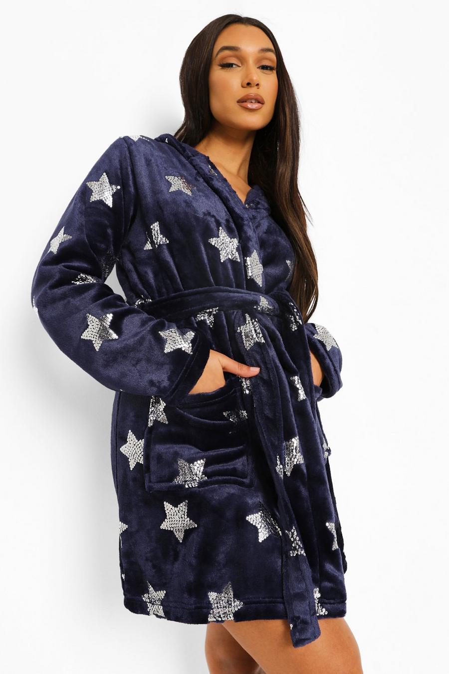 Navy marinblå Sequin Star Fleece Robe