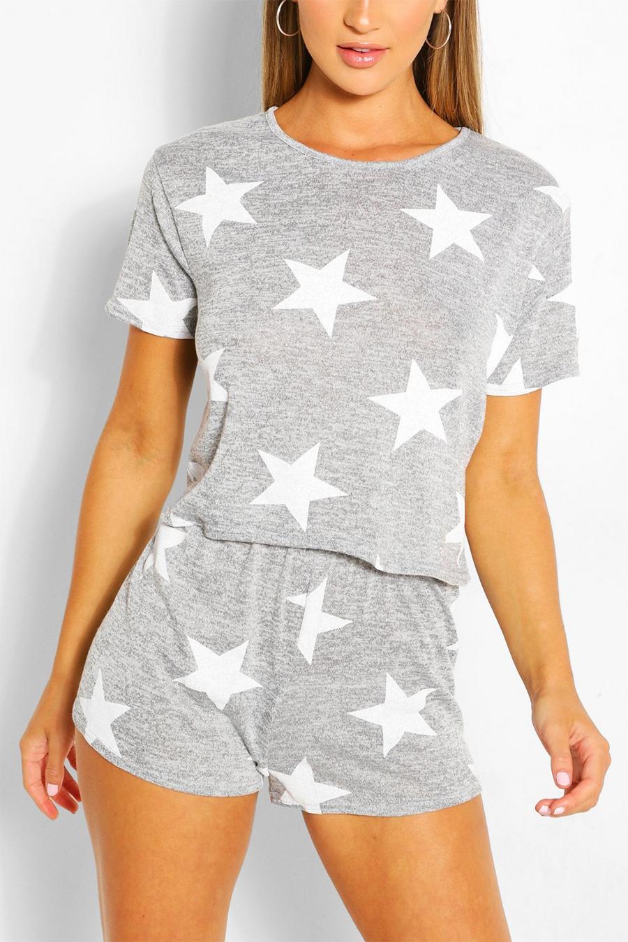 Pyjama mit Shorts und Stern-Print, Grau meliert image number 1