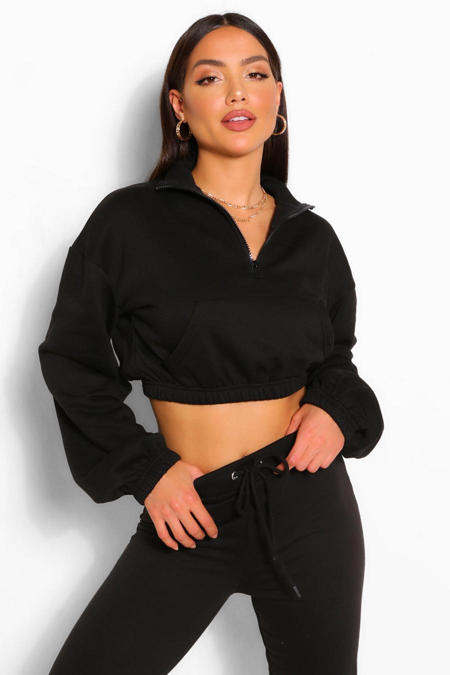 Black Oversized Zip Crop Lounge Sweater image number 1