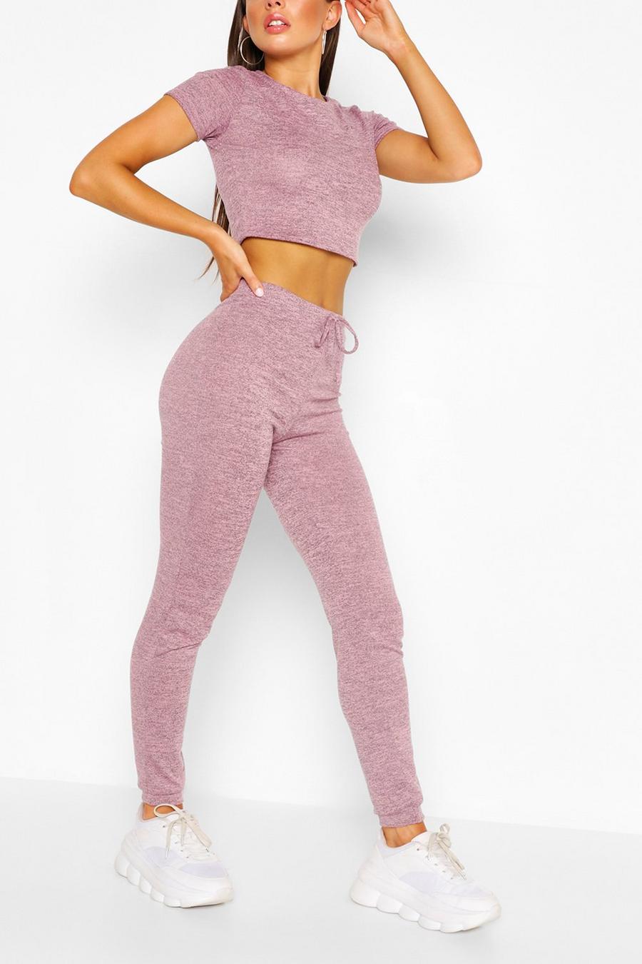 Pink Soft Melange Crop Tee & Track Pant Loungewear Set image number 1