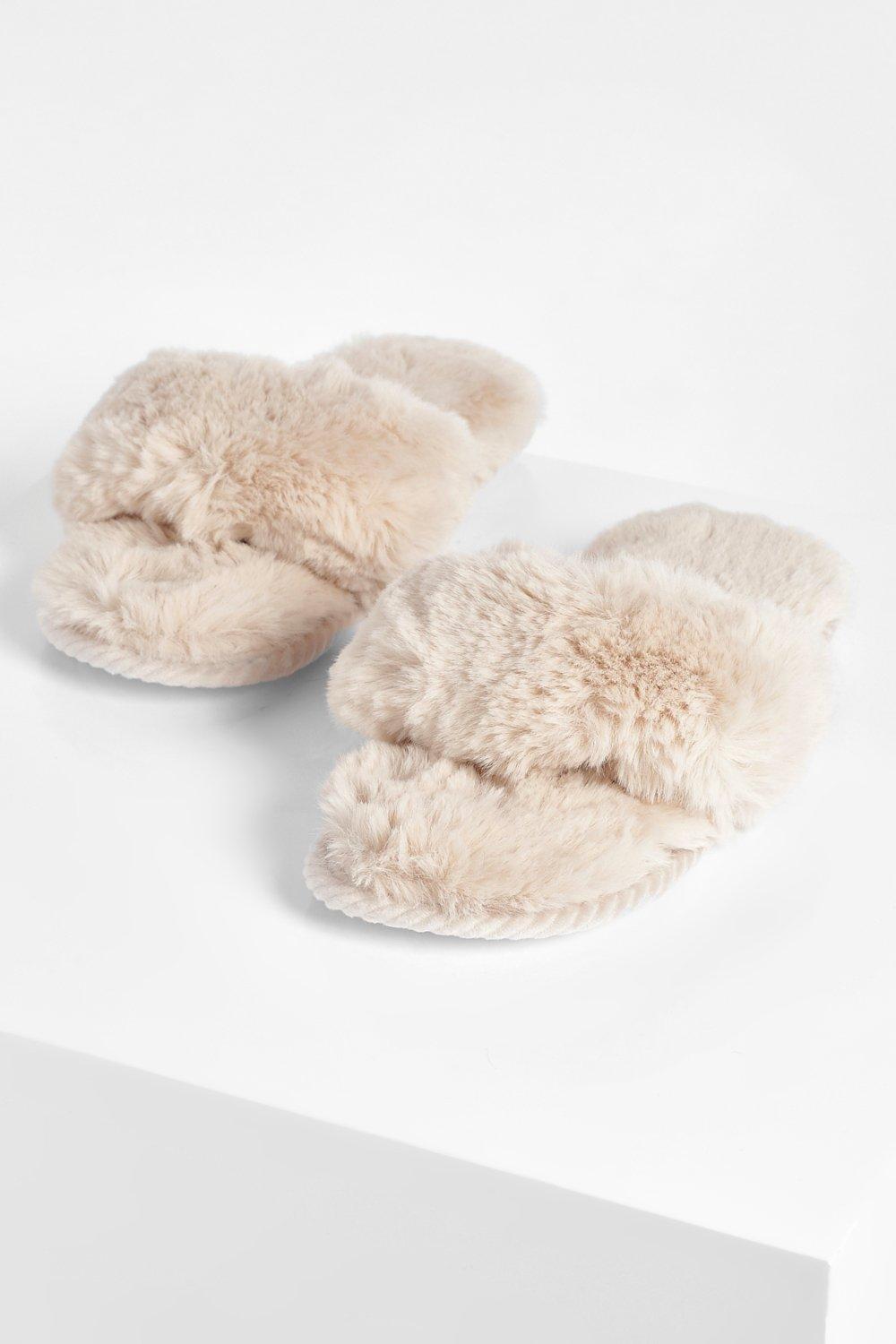 cream fluffy slider slippers