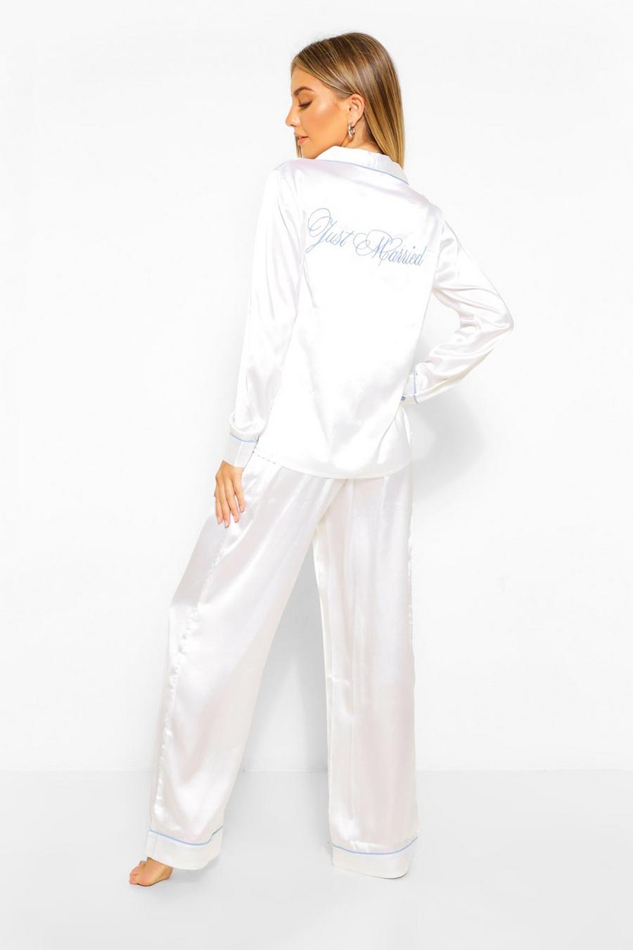Conjunto de pantalones de pijama de satén “Just Married”, Blanco image number 1