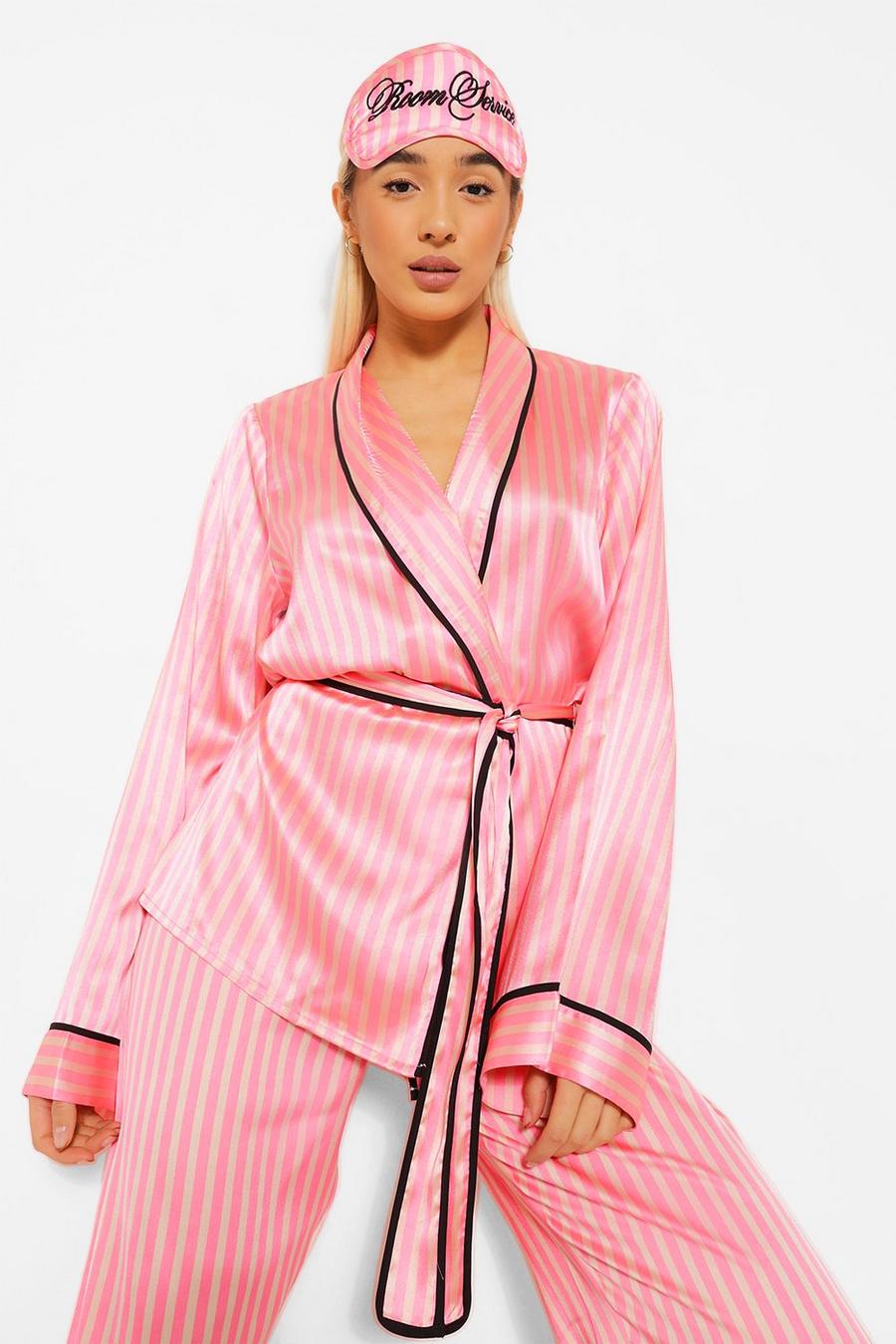 Pink "Room Service" Randigt pyjamasset i satin med morgonrock och sovmask image number 1