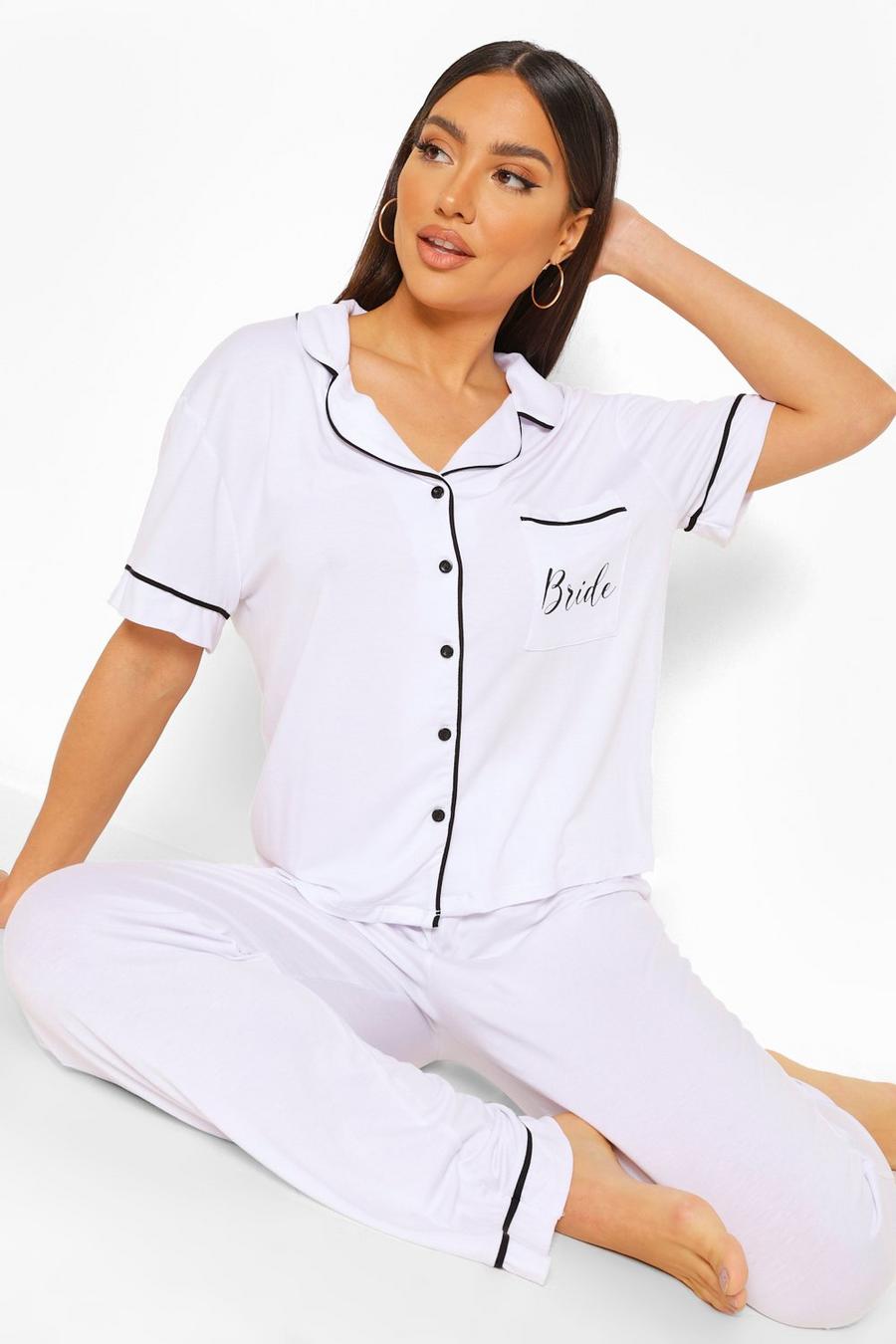 Set pigiama con pantaloncini in jersey con bottoni con scritta “Bride”, Bianco image number 1
