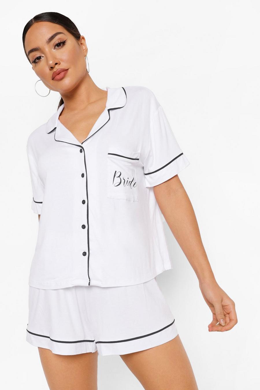 Set pigiama corto in jersey con scritta Bride e bottoni, Bianco image number 1