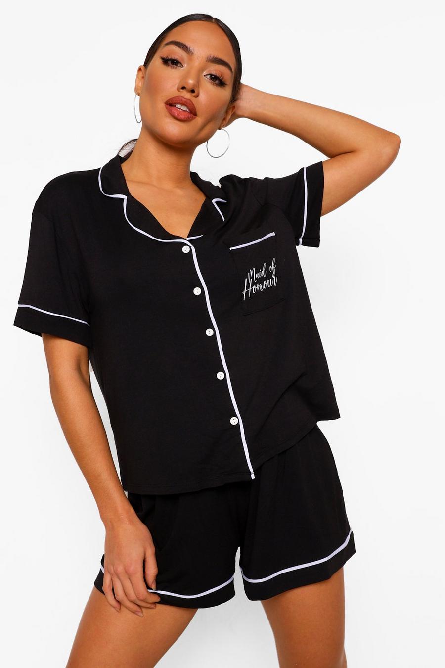 Black "Maid Of Honour" Pyjamas med shorts och knappar image number 1