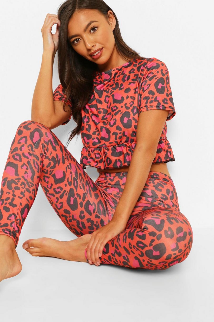 Pyjama mit Leoparden-Print, Rüschen und Leggings, Rot image number 1