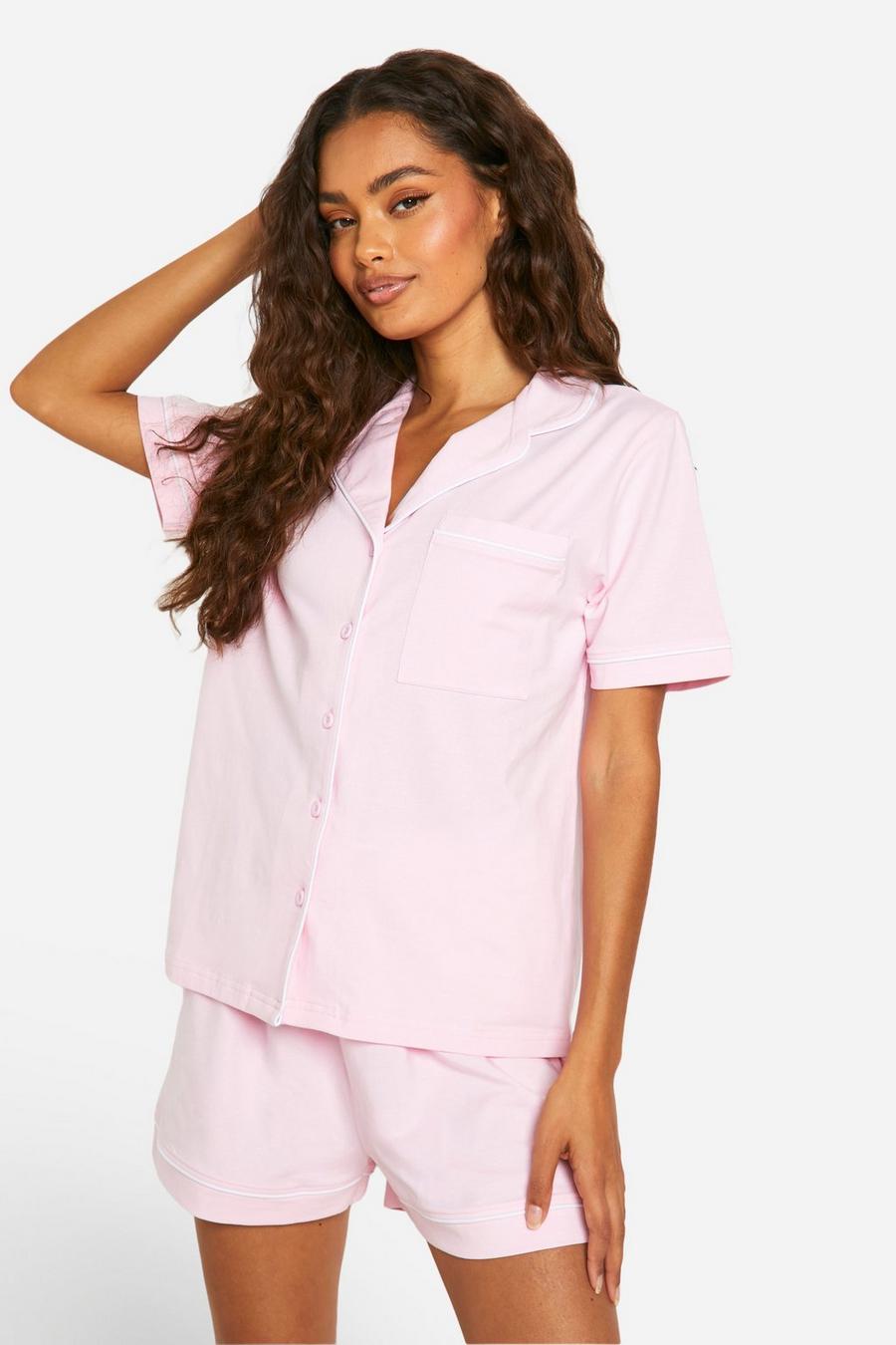 Pyjama en jersey chemise et short à liseré contrastant, Baby pink image number 1