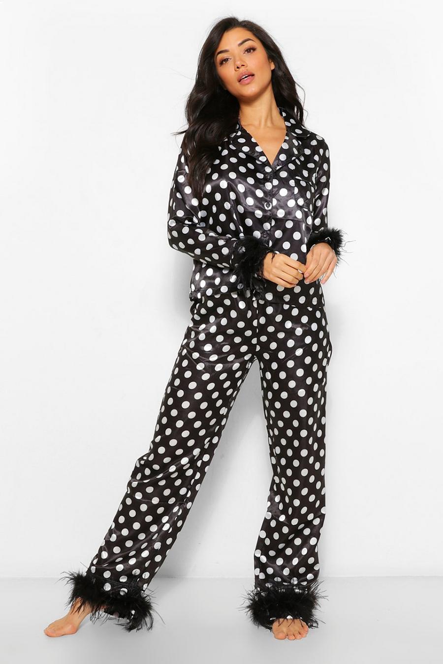 Premium Satin-Pyjama mit Feder-Detail, Schwarz image number 1