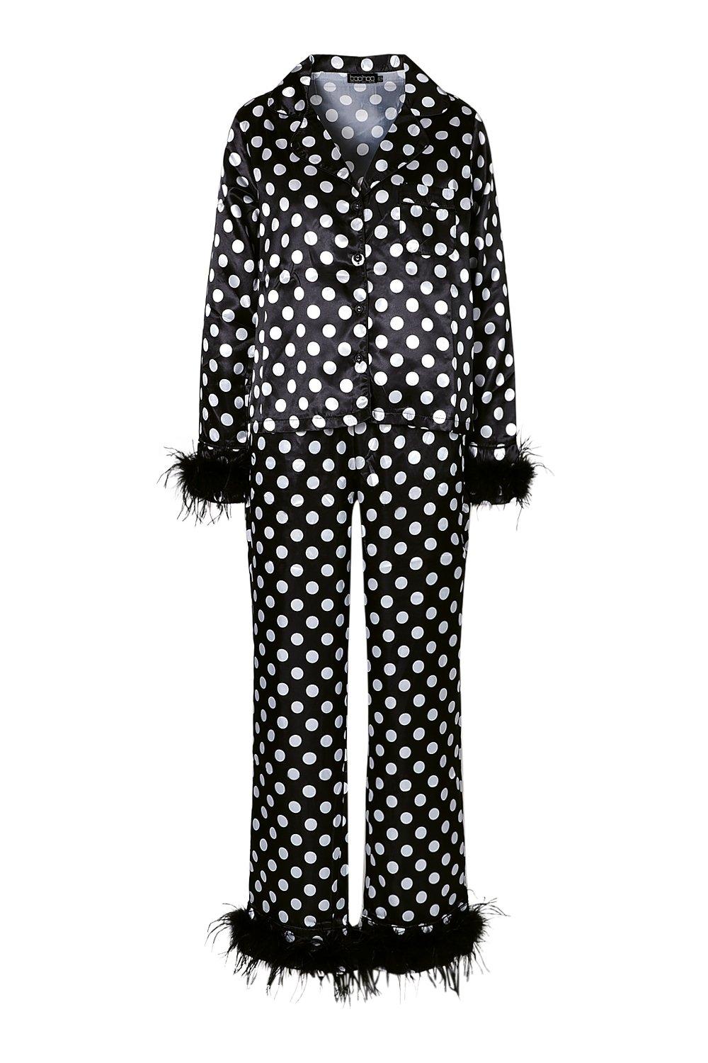 Polka Dot Feather Trim Shirt & Pants Pajama Set