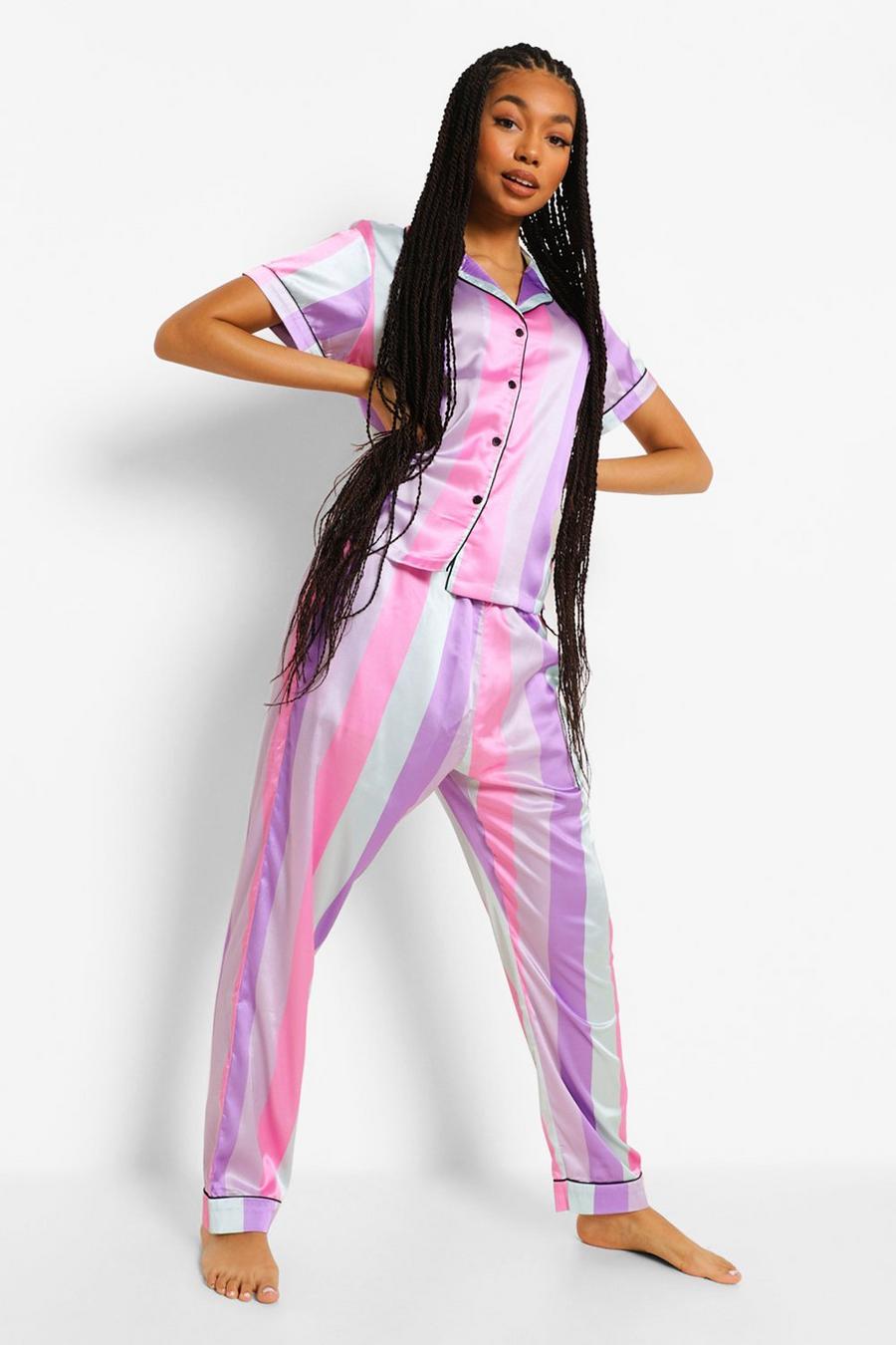 Multi Roze Gestreepte Satijnen Sherbet Pyjama Set Met Broek image number 1