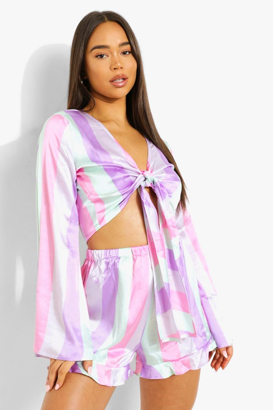 Multi Roze Gestreept Sherbet Pyjama Set Met Geplooid Hemdje En Shorts image number 1