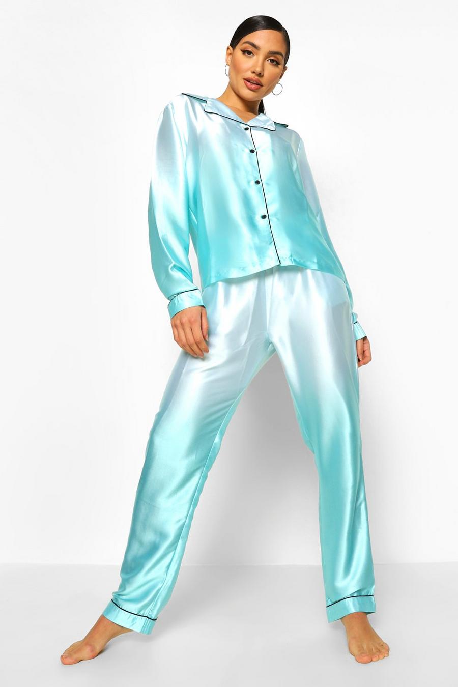 Turquoise Satinpyjamas med ombréeffekt, knappar och långbyxor image number 1