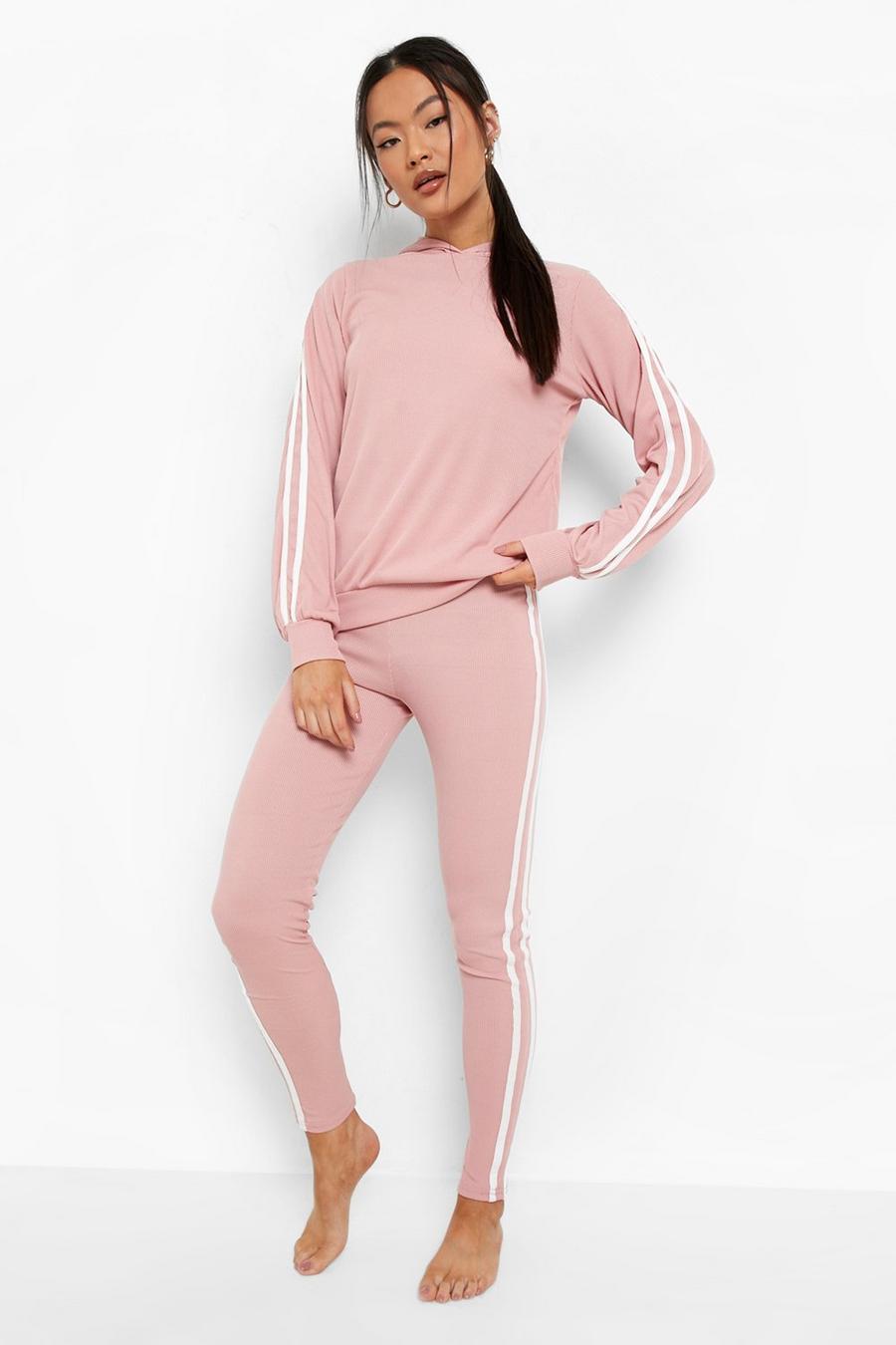 Blush pink Rib Side Stripe Hooded Loungewear Set image number 1
