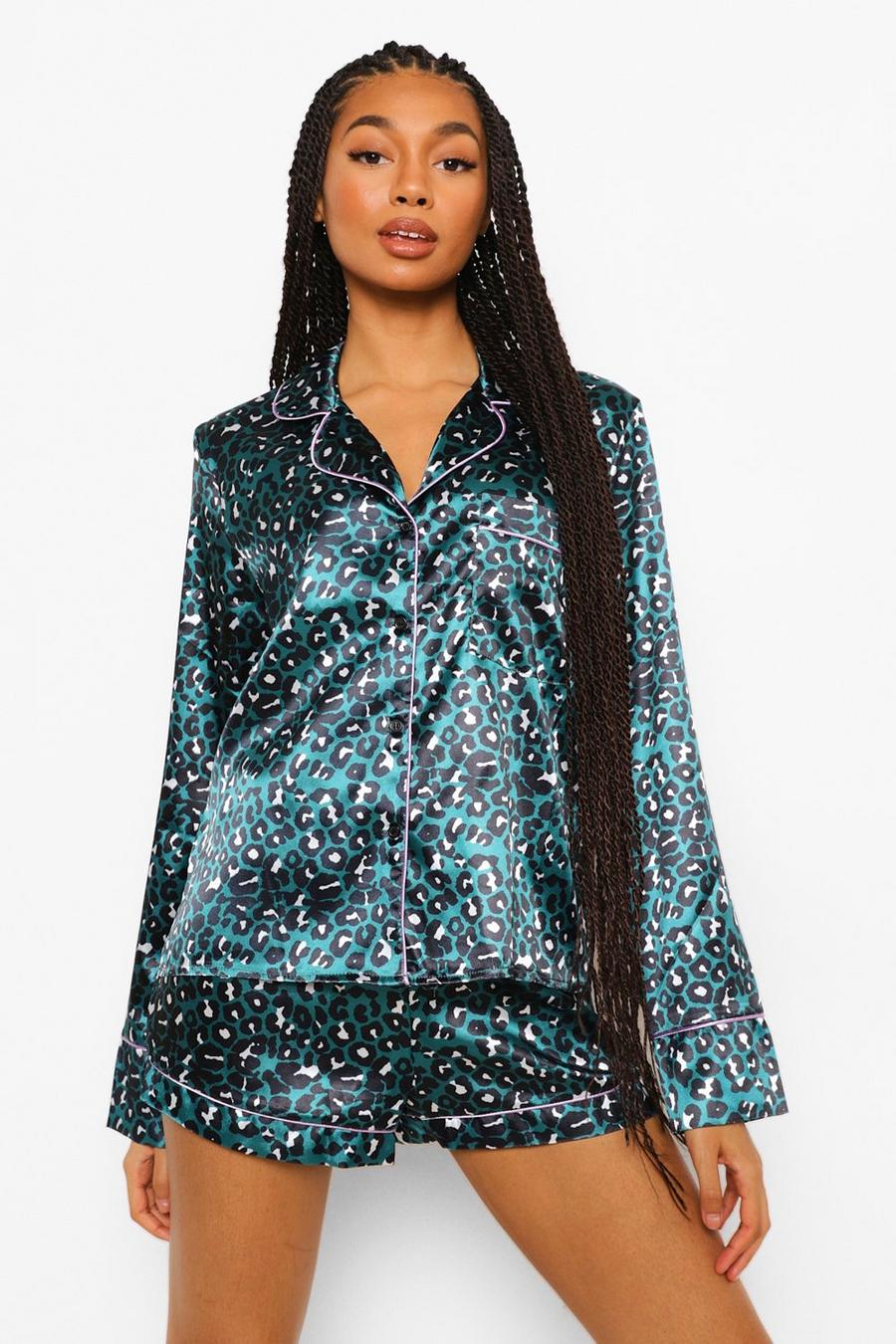 Pijama de 5 piezas de raso con estampado de leopardo, Esmeralda verde