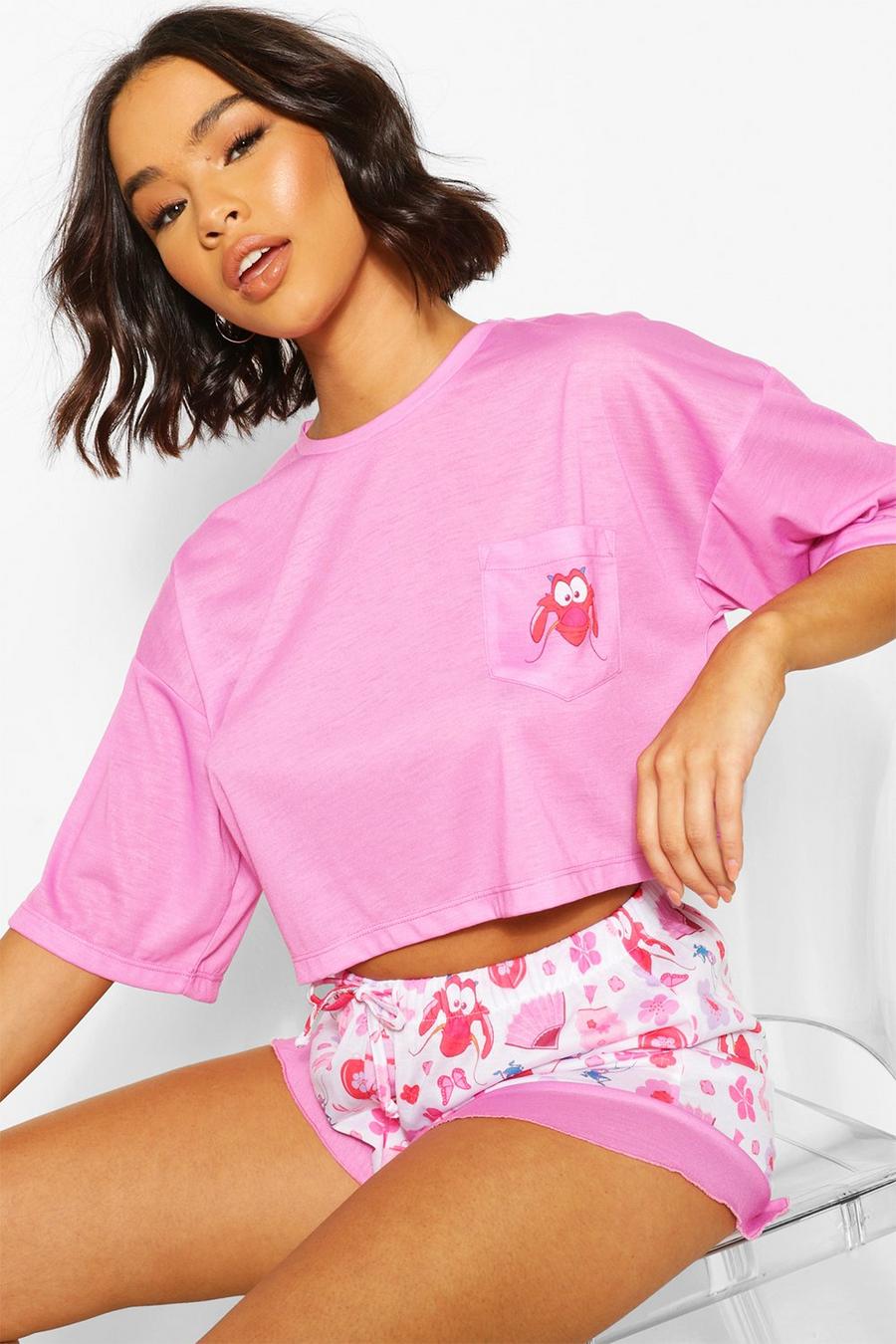 Pink rosa Mulan Pyjamasset i jersey med shorts och Disneymönster image number 1