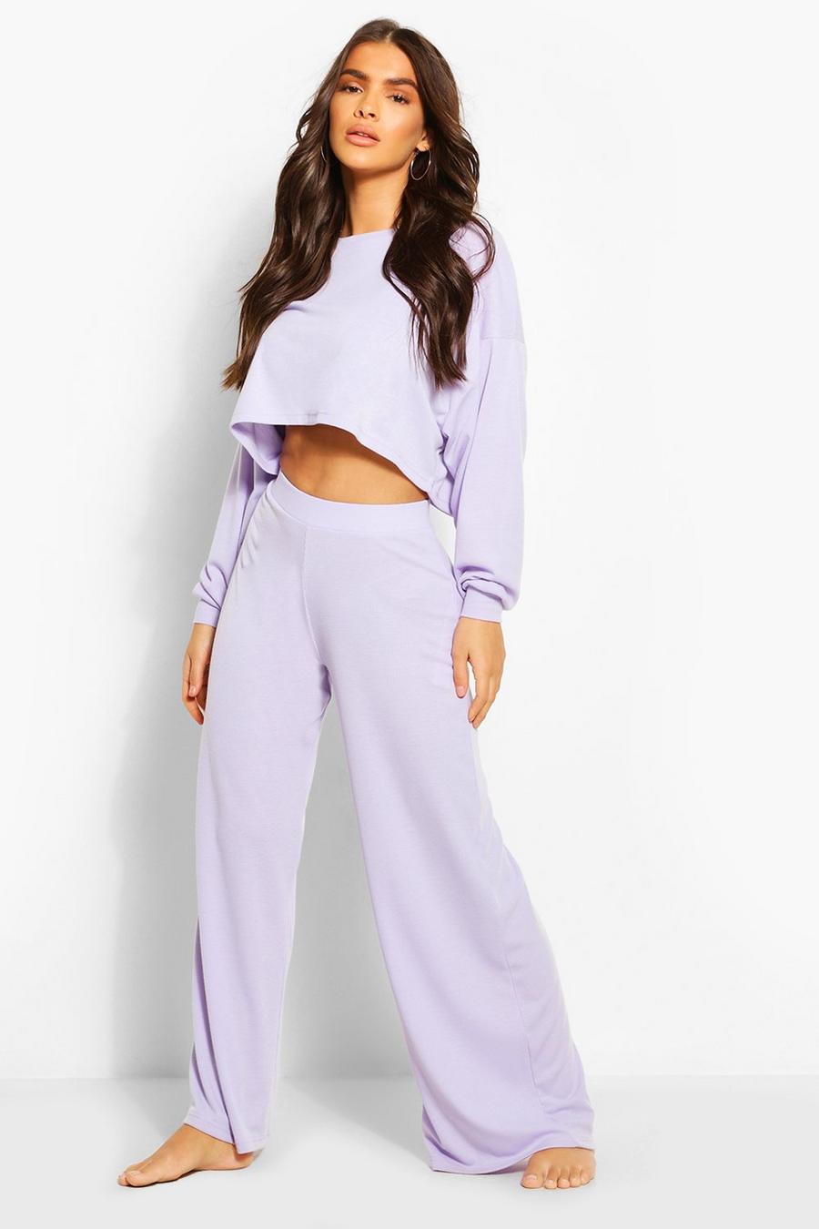 Lilac Ribbed Wide Leg Lounge Pants image number 1
