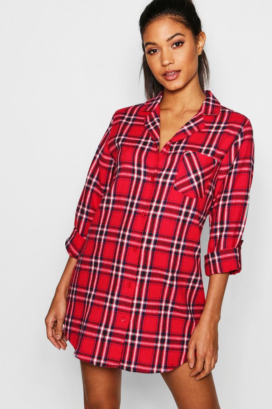 Red Check Brushed Flannel Button Through Night Shirt image number 1