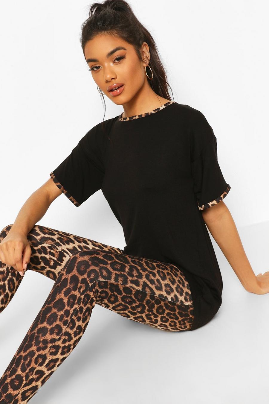 Set pigiama leopardato con legging e bordi a contrasto, Nero negro