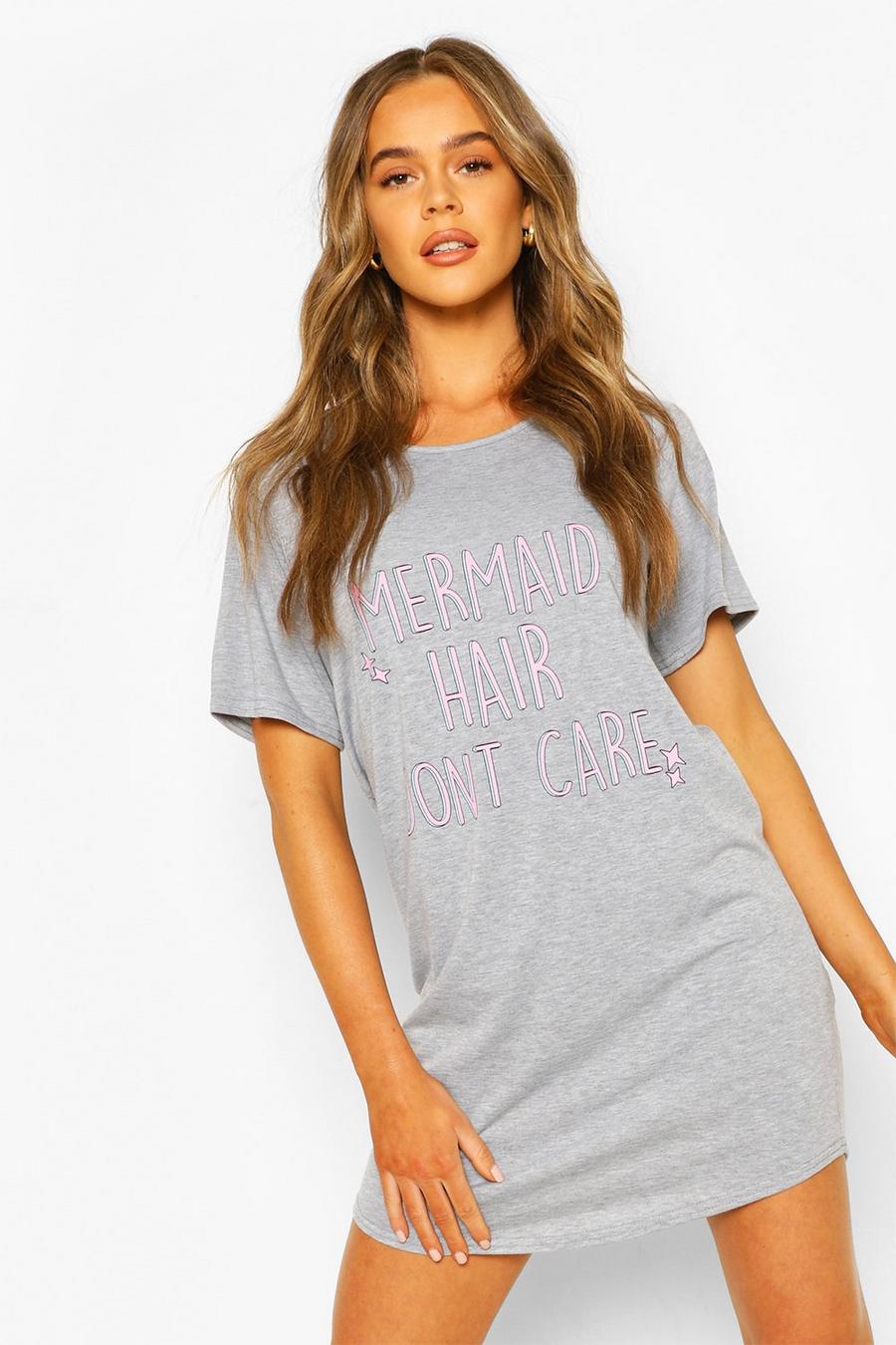 Grey marl Mermaid Hair Don't Care T-shirt med slogan image number 1