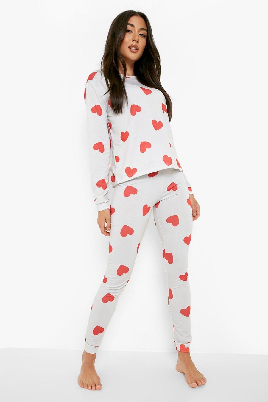 Pijama con estampado de corazón y botamanga, Crema blanco image number 1