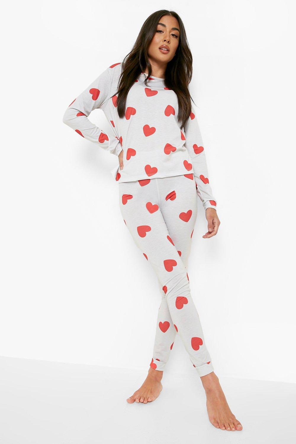 Women s Heart Print Cuffed Bottom PJ Set Boohoo UK