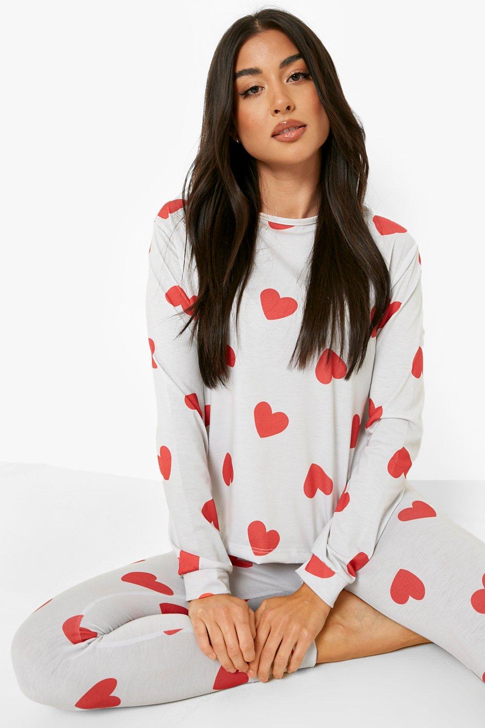 Women s Heart Print Cuffed Bottom PJ Set Boohoo UK