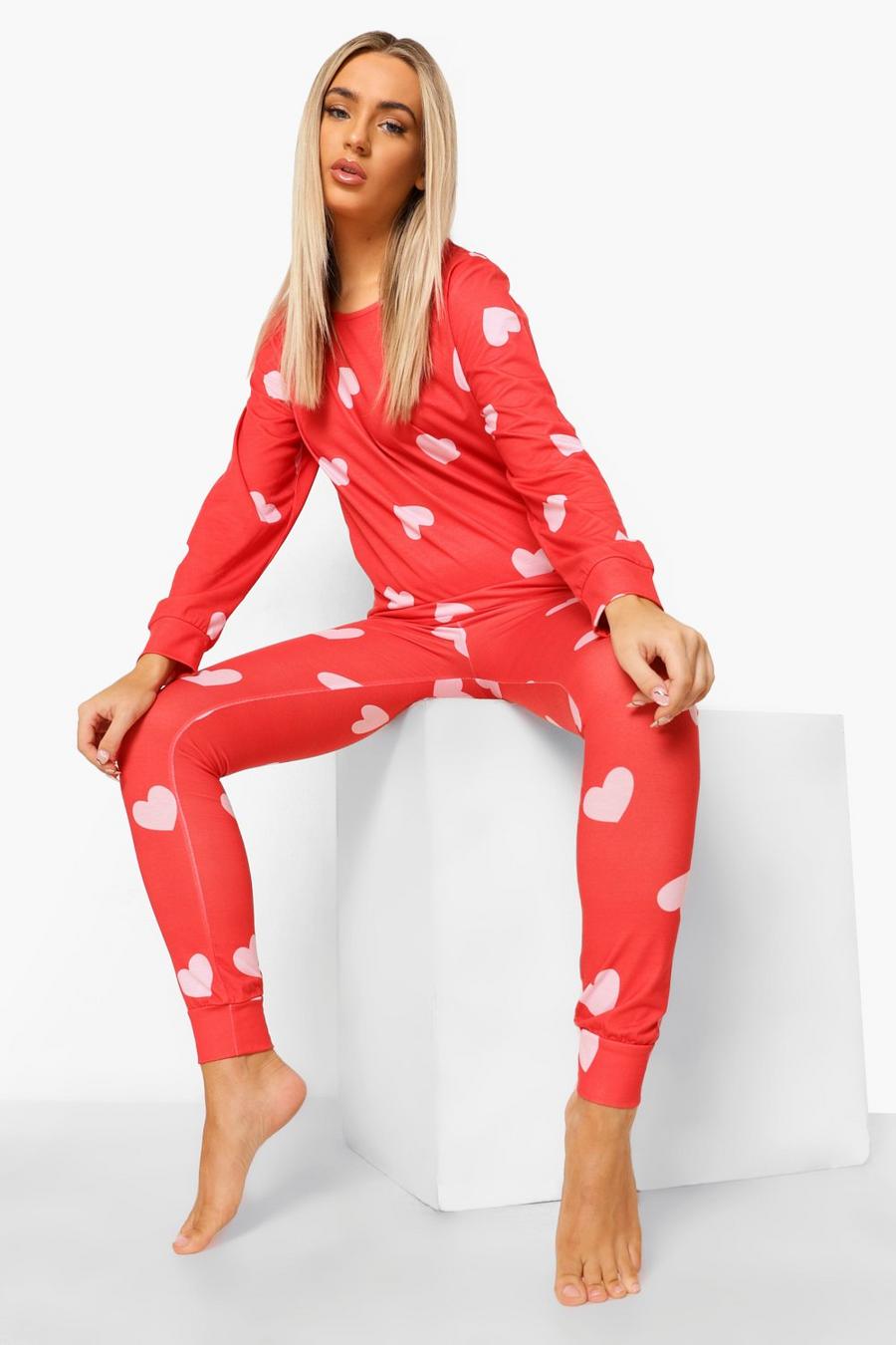 Red Heart Print Cuffed Bottom PJ Set image number 1