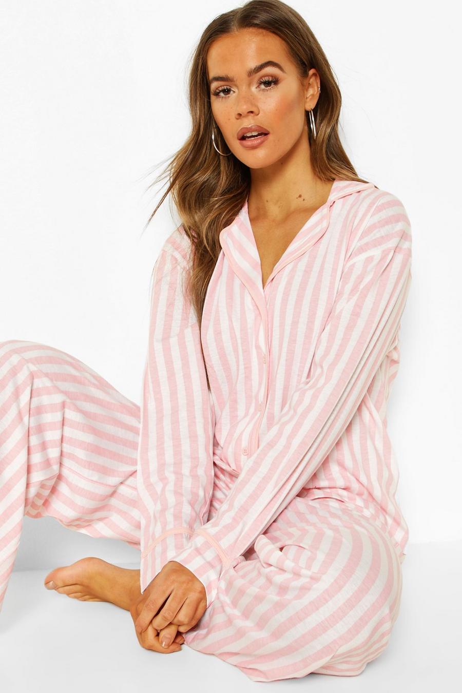 Pink Randigt pyjamasset i jersey image number 1