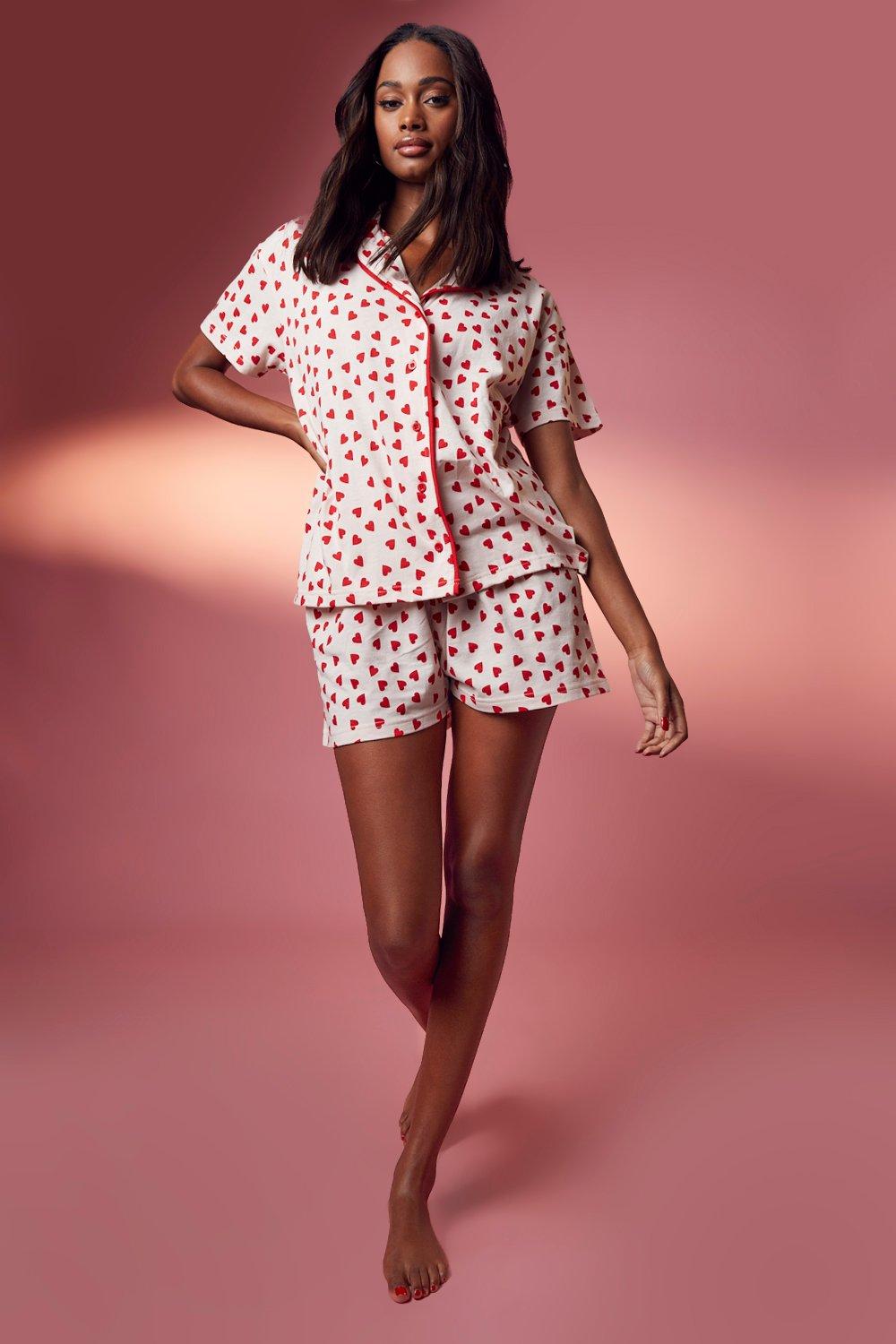 Women's Heart Print Jersey PJ Short Set