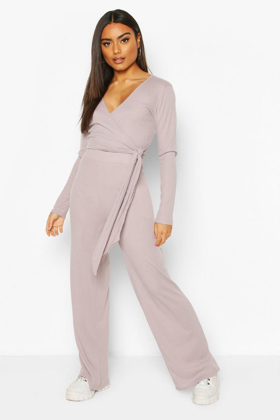 Grey Wrap & Tie Top and Wide Leg Trouser Lounge Set image number 1