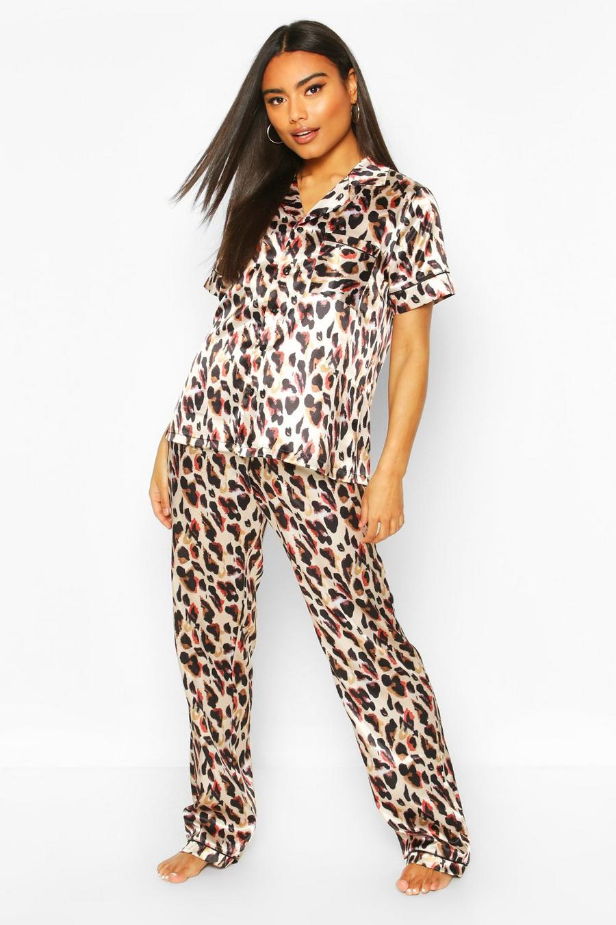 Brown Mixa & Matcha Leopardmönstrad pyjamas med långbyxor image number 1