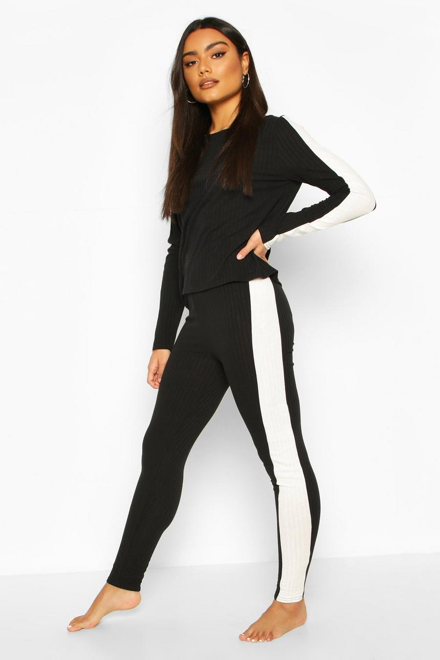 Conjunto cómodo de leggings con raya lateral en canalé suave, Negro image number 1